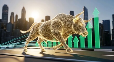 Futuristic Digital Bull Market Representing Financial Growth and Investment Success in a Modern City