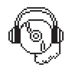 Pixel art of headphones over a vinyl record