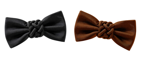 Two elegant velvet bow ties in black and brown studio shot on transparent background