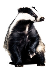 Fototapeta premium Close-up of a curious black and white badger standing on its hind legs against a plain white background, showcasing detailed fur and alert expression
