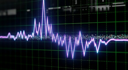 Abstract Digital Sound Wave Data Visualization on Dark Grid Background