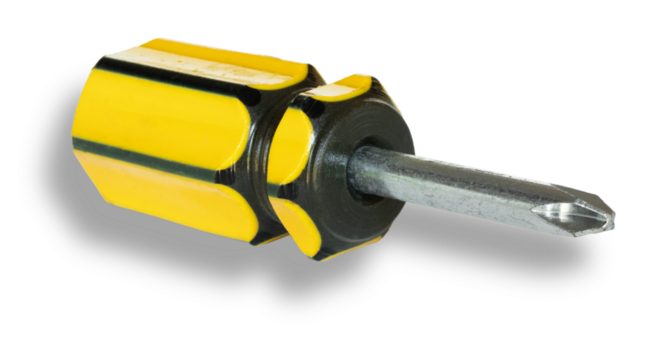 Drop shadow below a cross headed screwdriver pointed at the camera with polymer grip