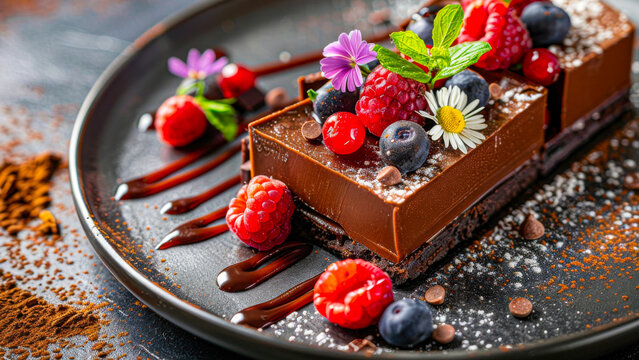 Chocolate dessert are beautifully presented with fresh berries and flowers on a dark plate, creating a stunning dessert display