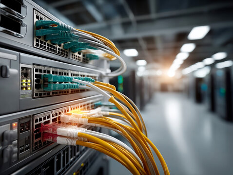 Robust network switch data center server room cable ethernet technology internet connectivity glowing orange cable connected network port