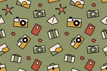 Vintage Travel Icons Pattern with Cameras Suitcases and Starfish vacation adventure