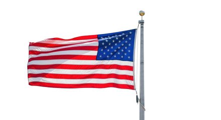 Majestically unfurling american flag with vibrant red, white, and blue, crisp details, sleek silver flagpole, clean neutral background, soft daylight, national pride and corporate strength concept