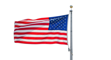 Majestically unfurling american flag with vibrant red, white, and blue, crisp details, sleek silver flagpole, clean neutral background, soft daylight, national pride and corporate strength concept