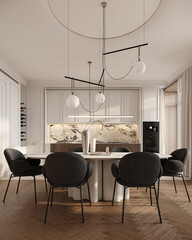 A chic dining area with modern furniture, a unique chandelier, and natural lighting, perfect for contemporary home settings or dining room inspiration.