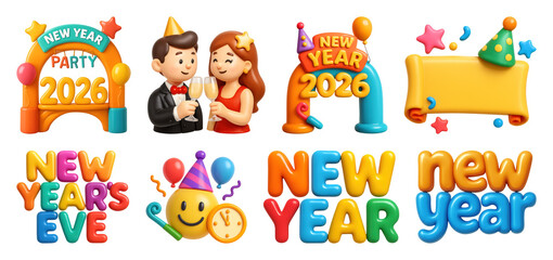Fototapeta premium PNG Colorful New Year celebration graphics, element set on transparent background