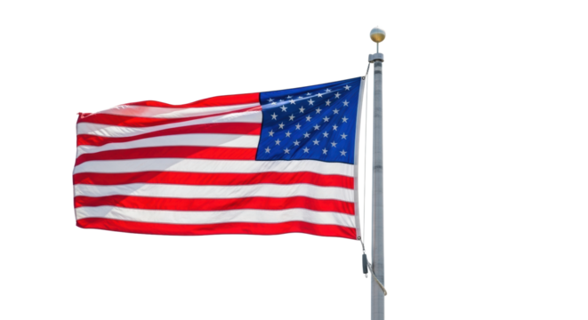 Majestically unfurling american flag with vibrant red, white, and blue, crisp details, sleek silver flagpole, clean neutral background, soft daylight, national pride and corporate strength concept