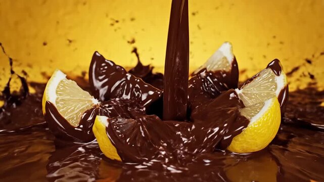 Chocolate Pouring on Lemon Wedges - Shot of a stream of dark chocolate being poured on top of lemon wedges, with chocolate splashing across a yellow background.