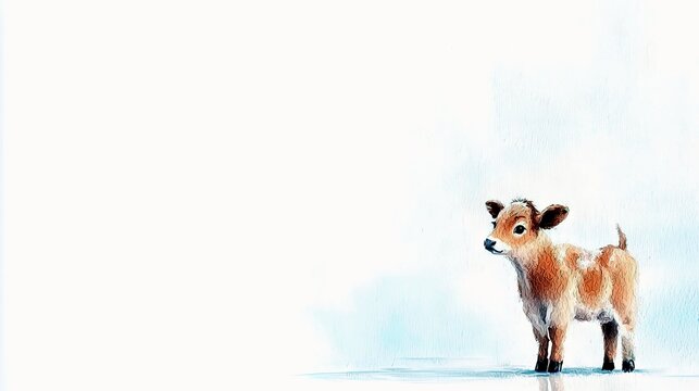 A small, light brown calf with white spots stands on a light blue surface against a bright white background.