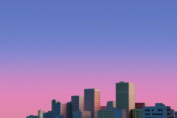 Fototapeta premium Minimalist city skyline with geometric buildings. Abstract urban architecture on a pink and blue gradient sky background. Sunset concept with copy space for text