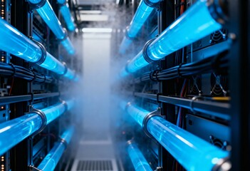 Close-up view of a high-tech data center with glowing blue liquid cooling pipes and vaporized atmosphere.