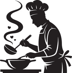 Silhouette of a chef cooking in a kitchen with steam rising