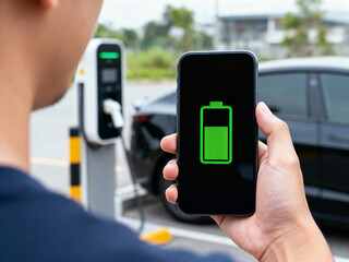 Person holding a smartphone with a battery icon display next to an EV charging station and electric car.