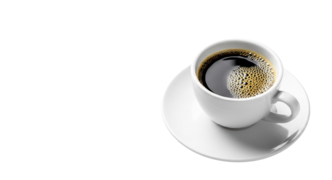 transparent ceramic coffee cup with dark coffee, golden-brown crema, and bubbles, on matching saucer, isolated on a transparent background with soft shadows, minimalist aesthetic for quality