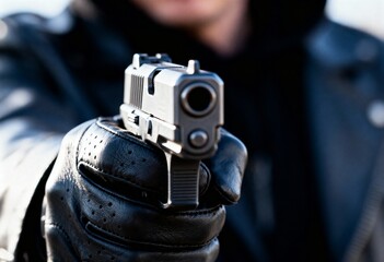 Gloved hand holding a semi-automatic pistol, aiming the muzzle directly at the viewer in a threatening manner.