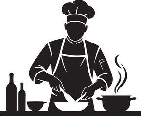 Silhouette of a chef cooking in a kitchen with steam rising from a pot