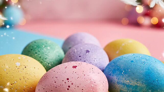 Colorful Easter Eggs Close-Up - A close-up shot shows a vibrant assortment of colorful, textured Easter eggs against a pastel pink and blue background.