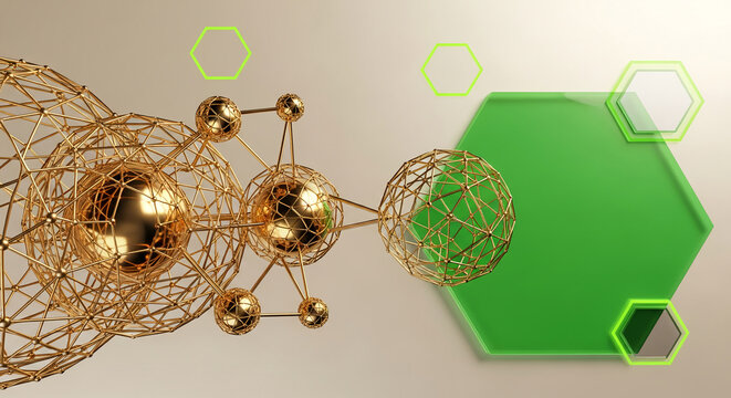 Abstract image with connected golden sphere, hexagons, and green surface. Representing connectivity, network, technology, and modern design, with free space