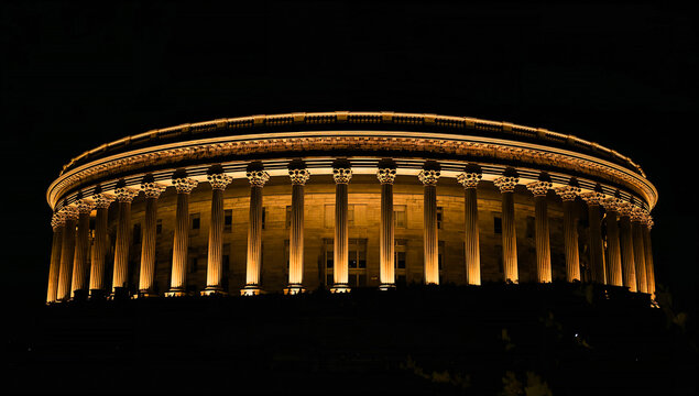 Illuminated architecture at night, featuring classical columns and a circular design