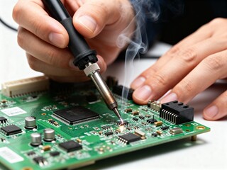 Close-up of an engineer soldering an electronic component on a green printed circuit board, with smoke rising from the hot tip.