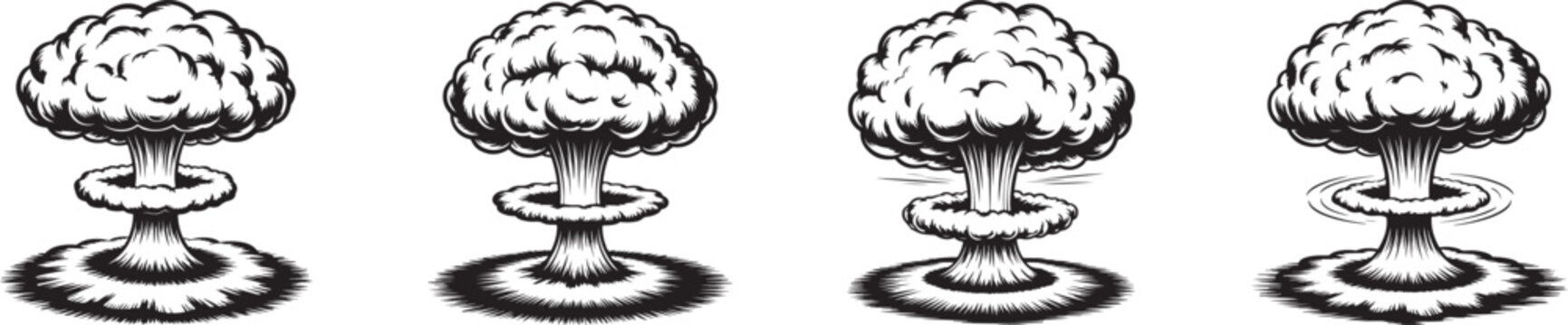 mushroom cloud explosion vector set with dramatic nuclear blast illustrations