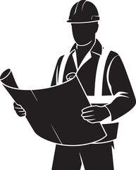 Silhouette of a construction worker in a hard hat and safety vest holding blueprints