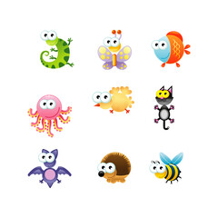 Cute cartoon animals collection insects, mammals, reptiles, fish and birds in funny styles