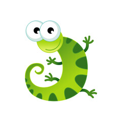 Cute green chameleon with big eyes and curly tail, cartoon character illustration with a playful and whimsical feel