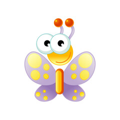 Cute cartoon butterfly with large eyes and purple wings with yellow dots, isolated on a white background