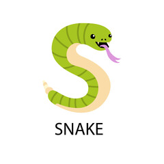 Cute Green Snake Illustration with Tongue Out, Alphabet S for Snake - Educational and Fun