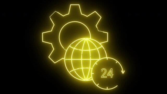 Yellow neon symbols on black cogwheel globe and 24hour clock arrow