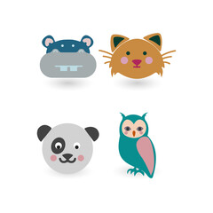 Cute cartoon animal faces, a panda, a hippo, a cat, and an owl, set against a white background
