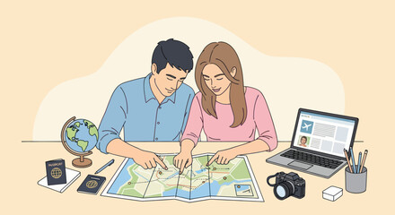 Couple planning trip, examining map together. Globe, passport, laptop, camera, and stationary surround them