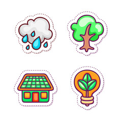 Cute illustrated eco-friendly stickers including a house with solar panels, a tree, rain cloud, and light bulb