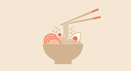 A minimalist illustration of a ramen bowl, chopsticks poised above, with ingredients like egg and pork. Beige background