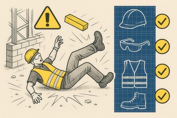 Construction worker falling due to workplace safety hazards with visual checklist of protective gear emphasizing importance of safety measures and equipment reliability