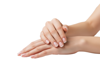 Feminine hands with French tip manicure resting on a plush white spa towel near pink orchids, against a clean minimalist spa background, concept of elegant spa relaxation
