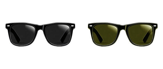 Two pairs of wayfarer sunglasses one with dark lenses and one with yellow lenses on transparent background