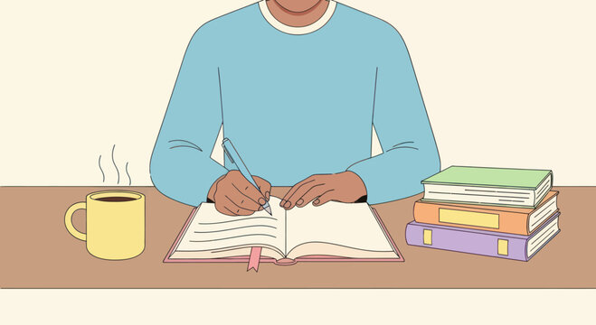 A person with dark skin writes in a notebook with a mug of hot drink and stacked books on a desk