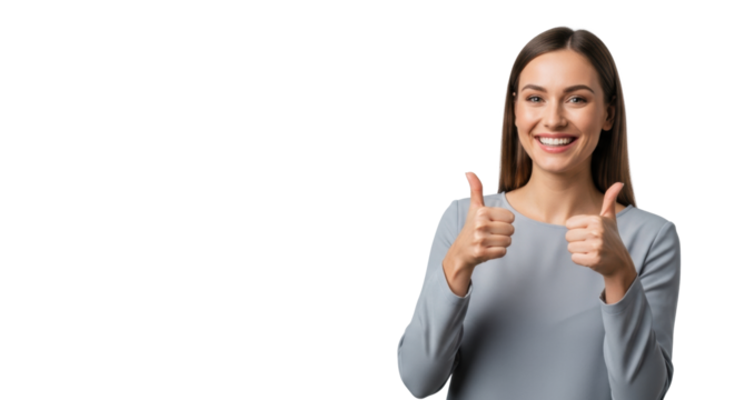 Young caucasian woman, mid-20s, in a business-casual top, smiling confidently with dual thumbs-up on a bright, high-key studio background with copy space. Concept of positive affirmation
