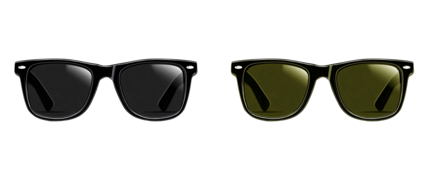 Two pairs of wayfarer sunglasses one with dark lenses and one with yellow lenses on transparent background - Powered by Adobe