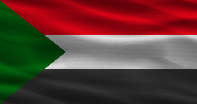Sudan flag with fabric texture. Realistic flag of Sudan waving