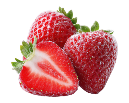 Close-up of fresh ripe strawberries with vivid red color, green leafy caps, and juicy texture, perfect for healthy food, dessert, and summer themes