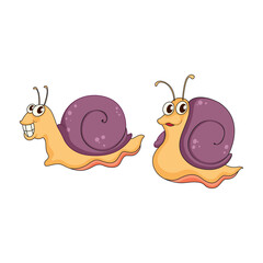 Two Cartoon Snails With Swirly Shells, One Smiling Wide and the Other Looking Surprised