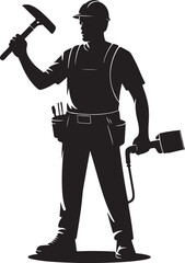 Silhouette of a construction worker holding a hammer and paintbrush