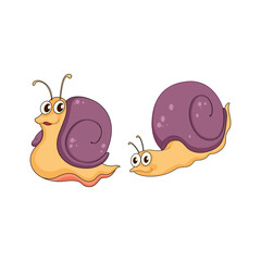 Two cute cartoon snails with purple shells looking at each other on a white background