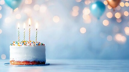 A festive birthday cake with four lit candles and colorful sprinkles sits on a table, with blurred balloons and bokeh lights in the background.